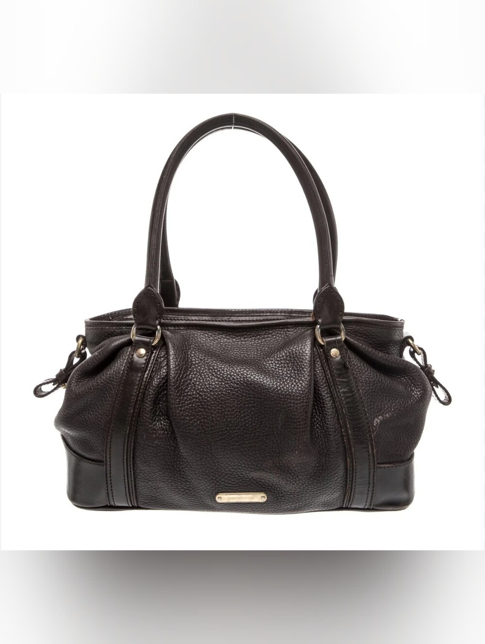 BURBERRY chocolate brown PEBBLED LEATHER Bag w/classic plaid lining
